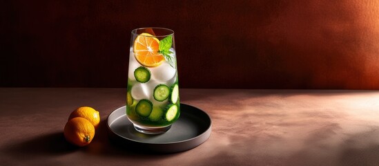 Elegantly crafted cucumber-lemon infused water in a tall glass pitcher with moody lighting