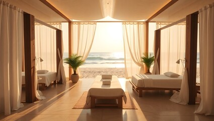Obraz premium A luxury spa by the beach, with open-air treatment rooms, billowing white curtains, and the sound of waves