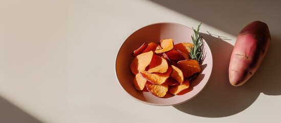 Crispy sweet potato chips with fresh rosemary and whole sweet potato on a white background