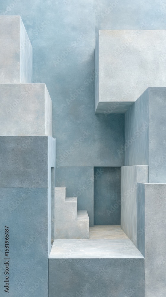 Poster Minimalist architectural composition with muted blue concrete blocks and geometric stairs for modern urban design and creative spatial concepts