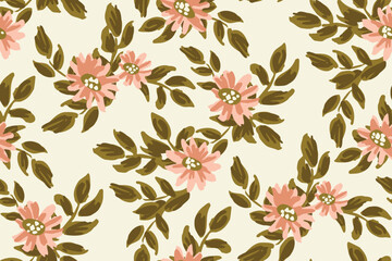 Pretty flowers and leaves scattered, forming an abstract botanical pattern in colors of pink, green on off white background. Floral seamless vector pattern. Great for home decor, fabric, wallpaper.