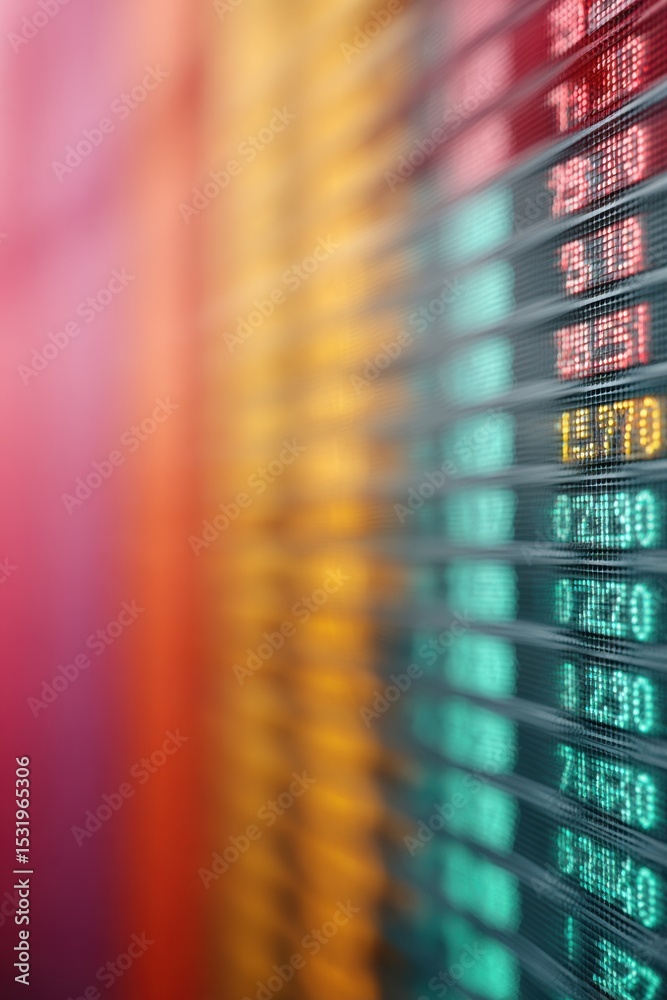 Poster dynamic electronic stock ticker display showing real-time market quotes and symbols for fast-paced f