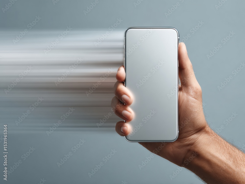 Poster Dynamic Smartphone Held Hand with Motion Blur Effect for Biometric Authentication and Digital Security in Futuristic Tech and Privacy Concept