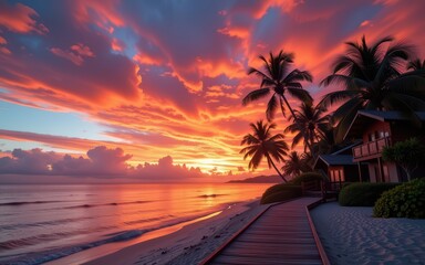 Fototapeta premium Vibrant sunset over a beach with palm trees and a wooden path.