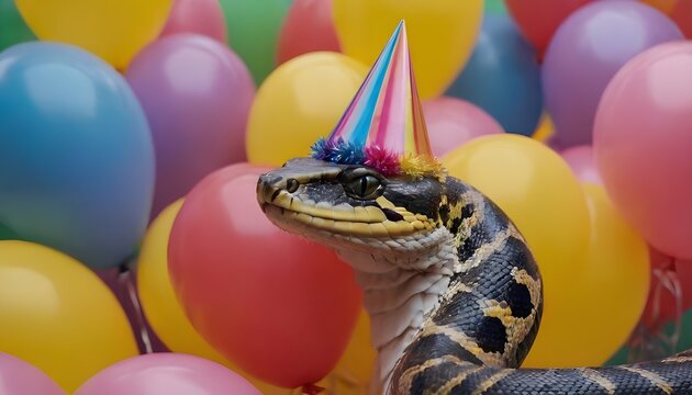 a python snake wearing a party hat with balloons in background