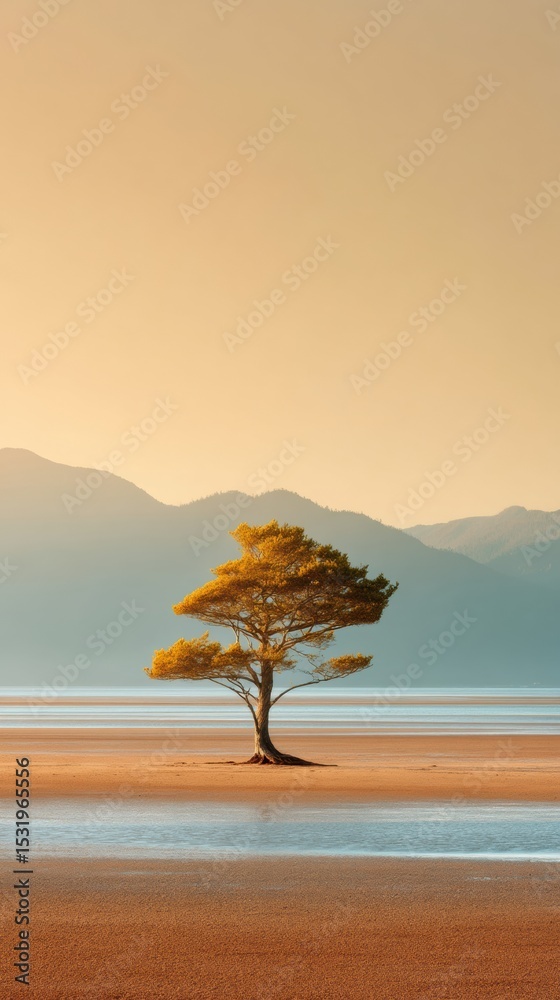 Poster resilient pine tree on coastal shoreline symbolizing hope and survival after tsunami with calm water