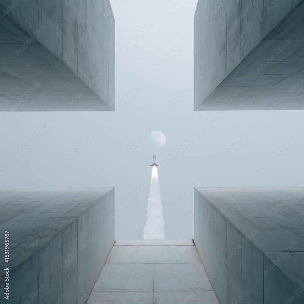 Poster futuristic rocket launch ascending above minimalist concrete structures towards moon, symbolizing ad
