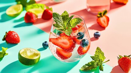 Refreshing berry-infused water with mint and sunlight glimmering on condensation