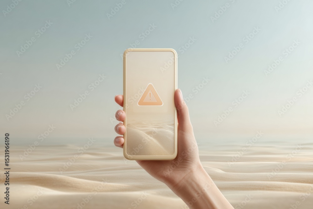 Poster modern smartphone displaying digital security warning icon in hand over minimalist desert background