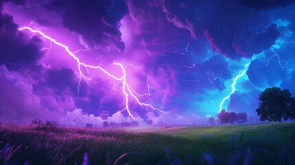 Dynamic lightning storm over rolling fields landscape nature lush greenery dramatic colors atmospheric phenomenon