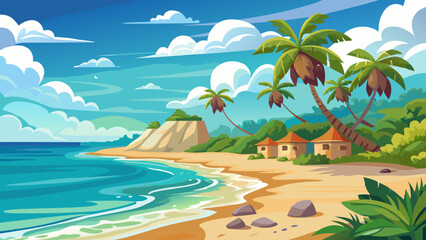 Obraz premium Tropical Beach Paradise. Palm Trees. Ocean. and Summer Vacation Getaway