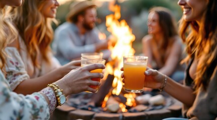 summer cocktail bohemian. Friends enjoying drinks around a campfire, creating a warm and inviting atmosphere for socializing and relaxation.