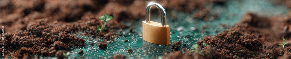 Aufkleber Digital Security Chip with Glowing Padlock on Circuit Board Representing Cybersecurity and Data Protection for Modern Tech and Business Innovation
