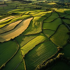 Aerial view of lush, green patchwork farmland divided by hedgerows under natural sunlight.