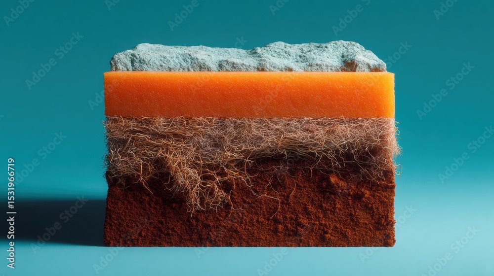 Poster cross-section of soil layers with grass roots showing nutrient profile and earth strata - eco educat