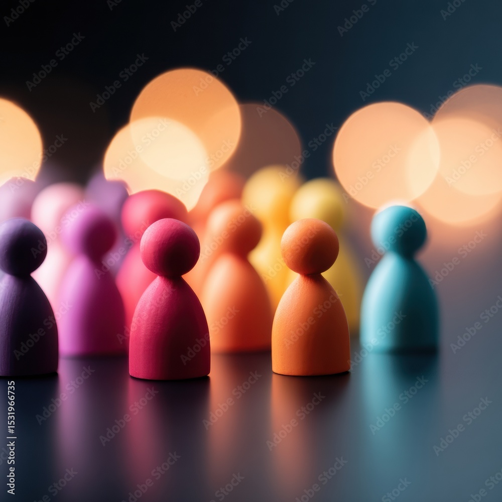 Poster minimalist row of colorful faceless figurines with one standout piece representing newcomer support 