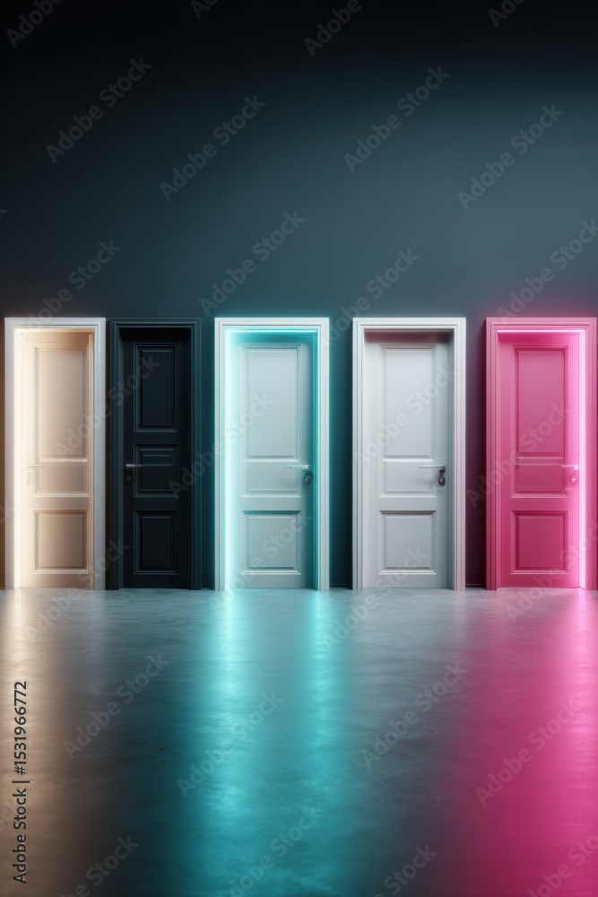 Poster symmetrical row of varied closed doors with neon lighting on smooth floor against dark wall for deci