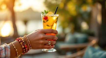 summer cocktail bohemian. A refreshing cocktail is held in a hand adorned with jewelry, set against a beautiful outdoor background during sunset.