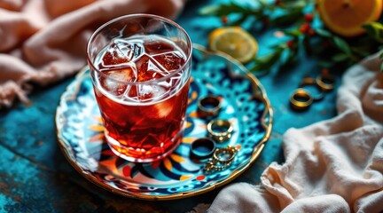 summer cocktail bohemian. A colorful cocktail in a glass with ice, set on a decorative plate, surrounded by greenery and slices of lemon.