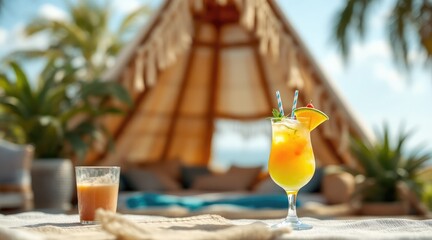 summer cocktail bohemian. A vibrant tropical setting featuring two refreshing cocktails, with a bohemian tent and lush greenery in the background, perfect for relaxation.