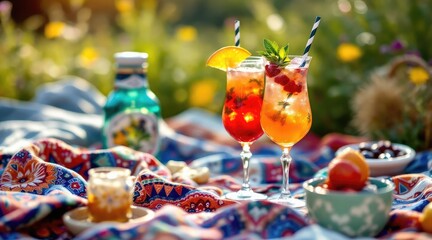 summer cocktail bohemian. Refreshing cocktails served outdoors on a vibrant picnic blanket, surrounded by colorful flowers and a serene atmosphere.