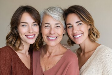 Intimate portrait of multigenerational women with warm smiles on neutral backdrop symbolizing family lineage and generational wisdom for wellness and lifestyle branding