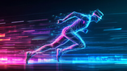 Dynamic athlete sprinting in neon cityscape digital art futuristic environment action-packed viewpoint