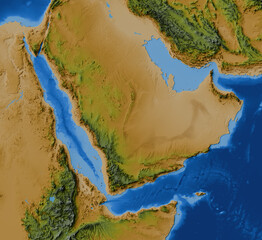 Colored terrain and bathymetry map of Arabian Peninsula (Saudi Arabia, Red Sea, Gulf of Aden, Persian Gulf, LCC projection)