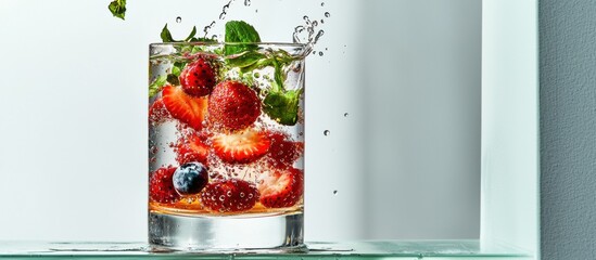 Berry-infused water in a glass showcases vibrant strawberries and blueberries in soft daylight