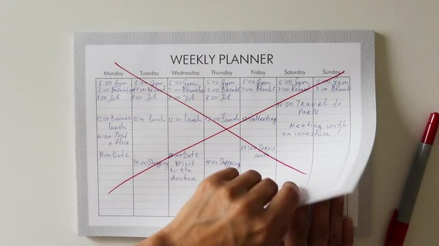 A woman's hand tears off a sheet of paper with a red crossed out page of the planner. Starting a new sheet of the planner