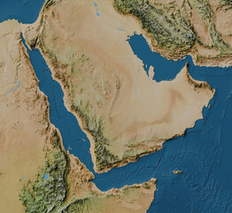 Arabian Peninsula map of land and ocean floor terrain with blended colors and satellite imagery (Saudi Arabia, Red Sea, Gulf of Aden, Persian Gulf, LCC projection)