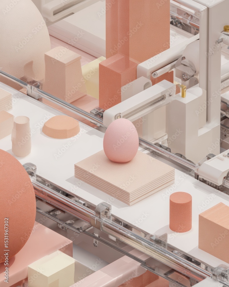 Poster modern automated manufacturing with precise robotic assembly lines in sleek pastel tones for advance