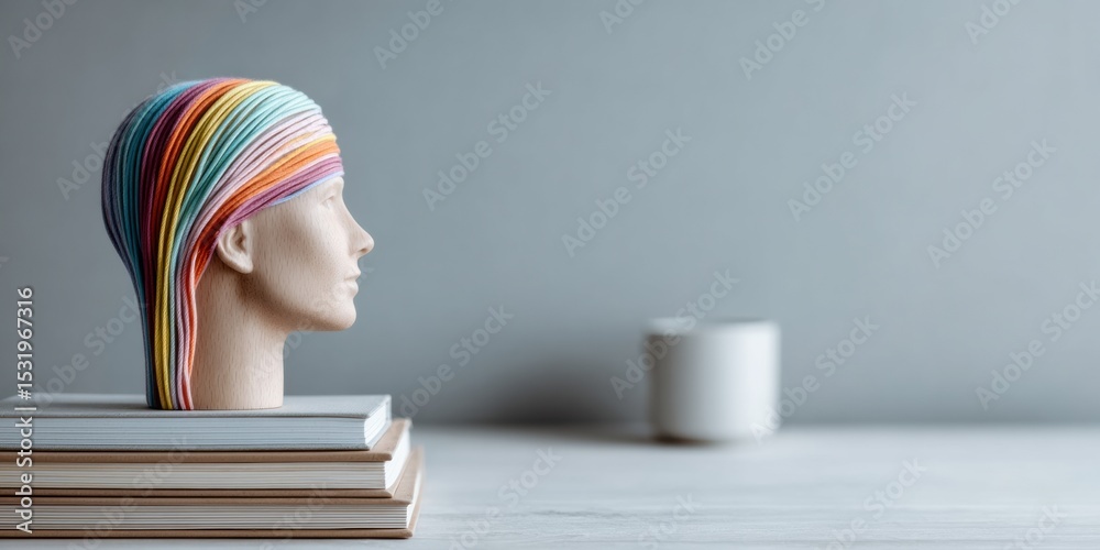 Poster lifelong learning concept with wooden head cutout and colorful threads linking books to mind on clea