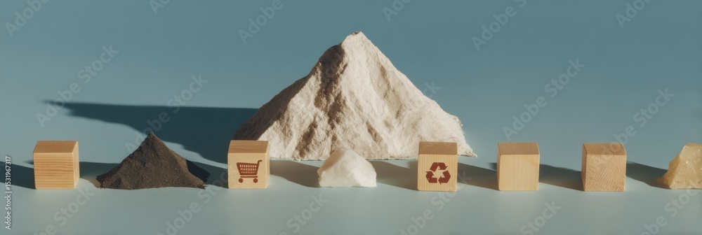 Poster sustainable lifecycle analysis with wooden blocks showing value chain icons for eco-friendly supply 