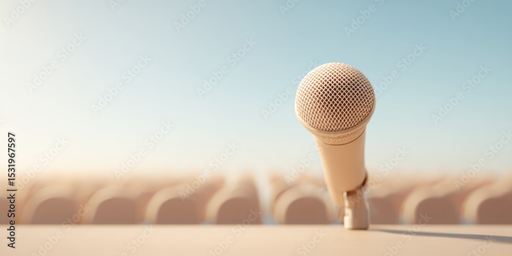 Poster minimalist microphone at conference stage with blurred audience for professional speaking events and