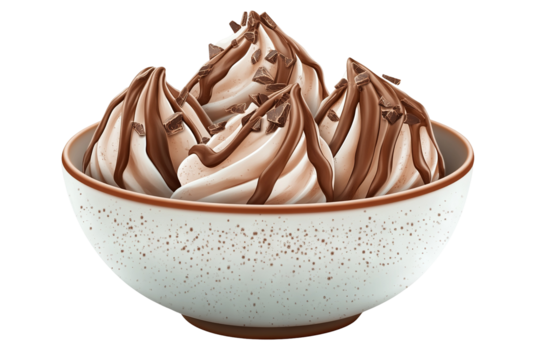 Luscious chocolate ice cream scoop in artisan bowl on invisible background — ultra-high-resolution PNG cutout perfect for dessert menus, premium packaging mock-ups, café advertising and culinary blog