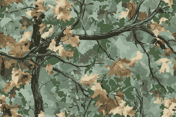 Seamless Real Tree Forest Camouflage Design for Hunting and Military Gear. Hunting camouflage background. Oak tree pattern