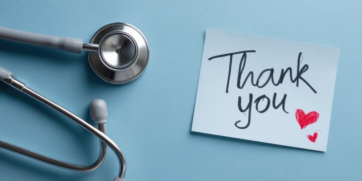 Healthcare Hero Stethoscope with Handwritten Thank You Note on Textured Blue Background for Patient Appreciation and Medical Gratitude Campaign