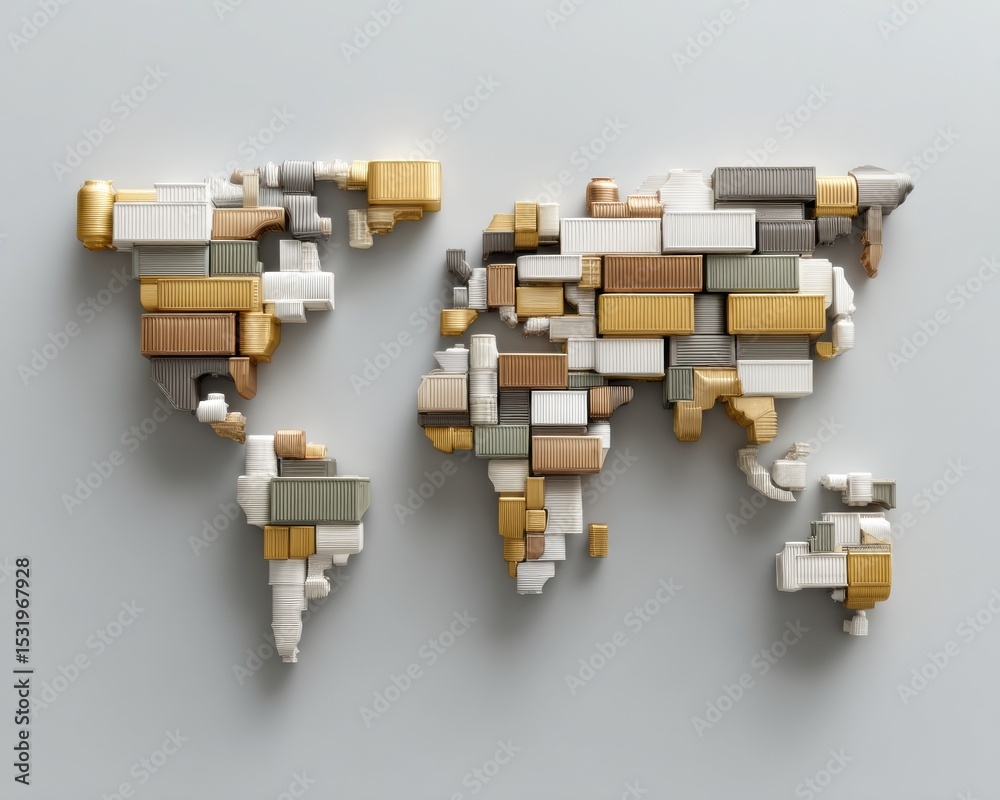 Poster modern geopolitics world map made from shipping containers in neutral tones illustrating global trad