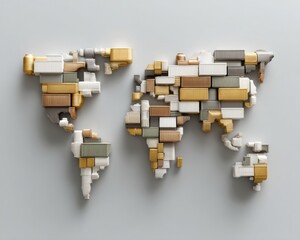 Modern geopolitics world map made from shipping containers in neutral tones illustrating global trade networks and supply chain complexity for business innovation