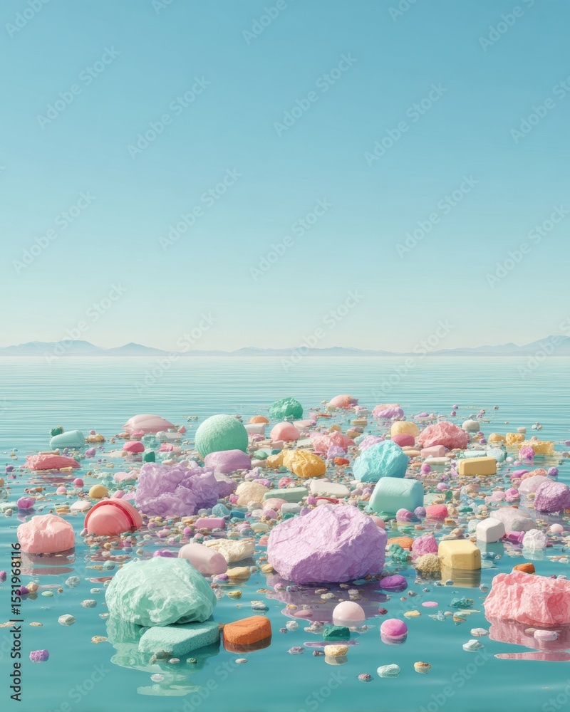 Poster colorful floating plastic garbage patch on ocean surface symbolizing marine pollution and environmen