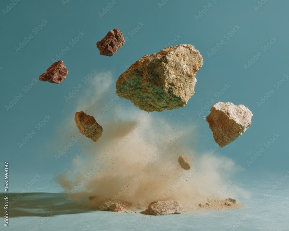 Aufkleber Dynamic Floating Rock Fragments Exploding with Dust Clouds on Neutral Surface for Impactful Advertising and Symbolizing Explosive Growth Trends