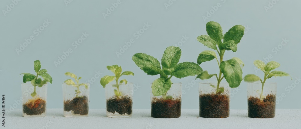Poster sustainable biotechnology seedlings in transparent lab containers showing growth stages for agricult