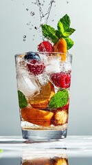Berry water with fresh fruits and mint splashes in a glass, perfect for summer refreshment