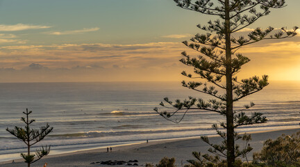 Beautiful golden sunrise over early morning surfers, Kirra Beach, Queensland