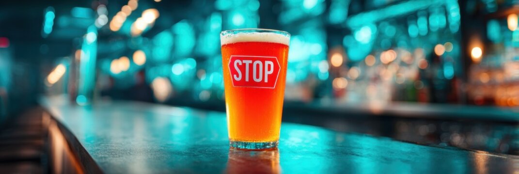 Modern Social Drinking Awareness Beer Glass with Stop Sign Graphic on Bar Counter Highlighting Responsible Consumption and Safety Messaging - Powered by Adobe