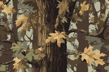 Real tree forest camouflage seamless pattern design for hunting and military uniform. Hunting camouflage. Camo pattern. Autumn leaves seamless pattern. Digital camo. Abstract