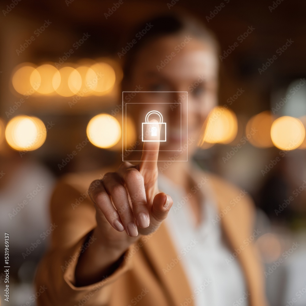 Poster modern biometric security interface with holographic lock icon in office setting, showcasing advance