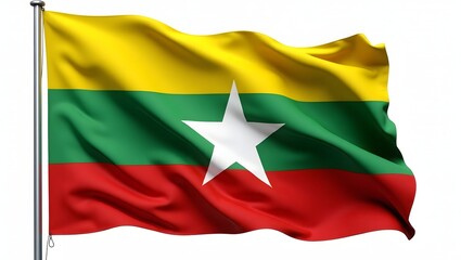 Obraz premium Photorealistic flag of Myanmar. Yellow, green, and red horizontal stripes with a large white star in the center. Isolated on white background. Perfect for editorial and educational use.