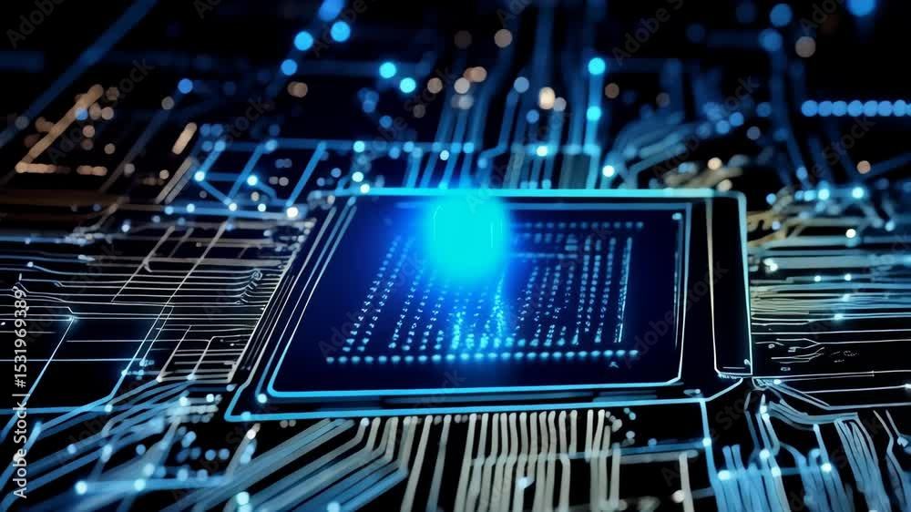 Poster futuristic circuit board and microchip with glowing blue light design represents artificial intellig